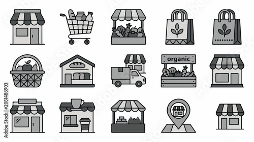 Schilderij op canvas Set of monochrome flat vector shopping and retail store icons.