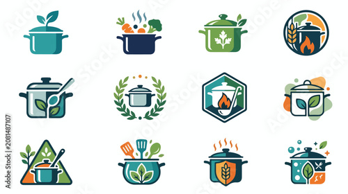 Photos Set of organic cooking pot icons and food preparation emblems.