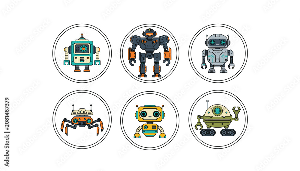 Fototapeta premium Collection of six cute and diverse cartoon robot icons presented inside circular badges on a clean white background.