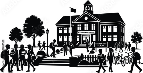 Back to school silhouette elementary school building with students and teachers isolated on transparent background