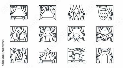 Photos Set of theater and stage performance line icons.