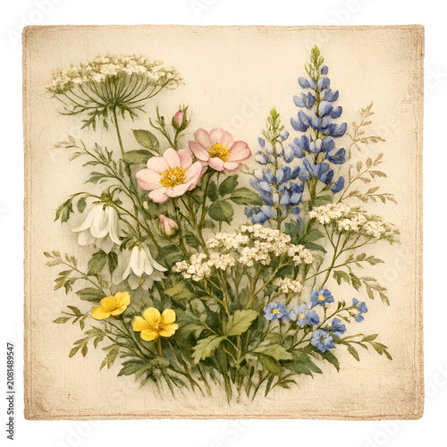 Vintage Wildflower Botanical Illustration with Colorful Blooming Flowers Antique Floral Art on Aged Paper