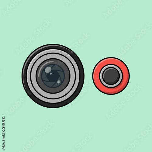 Minimalist graphic of a camera lens next to a red record button