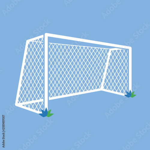 A white soccer goal post stands against a solid blue background