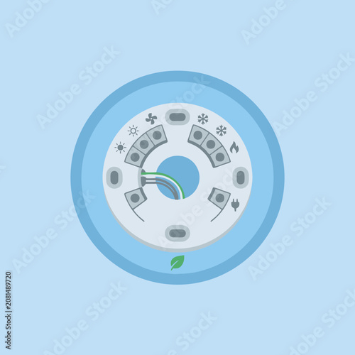 A digital smart thermostat interface on a light blue background