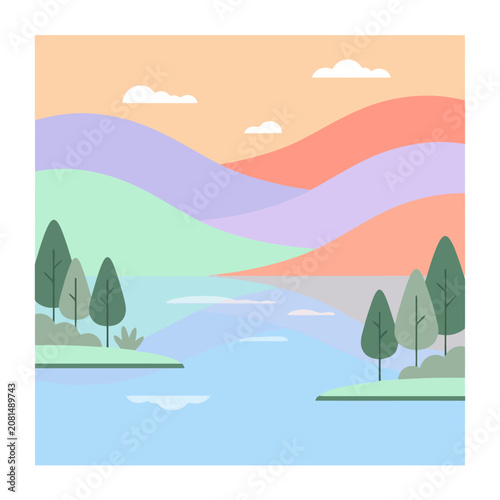 A peaceful landscape with colorful hills and a calm lake