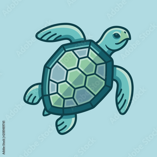 A cute cartoon sea turtle swimming in the deep blue ocean