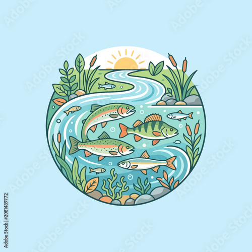 A circular illustration of various fish swimming in a river