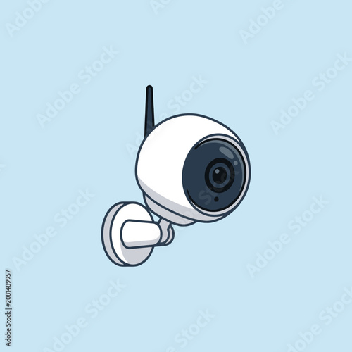 A modern white security camera is mounted on a blue wall