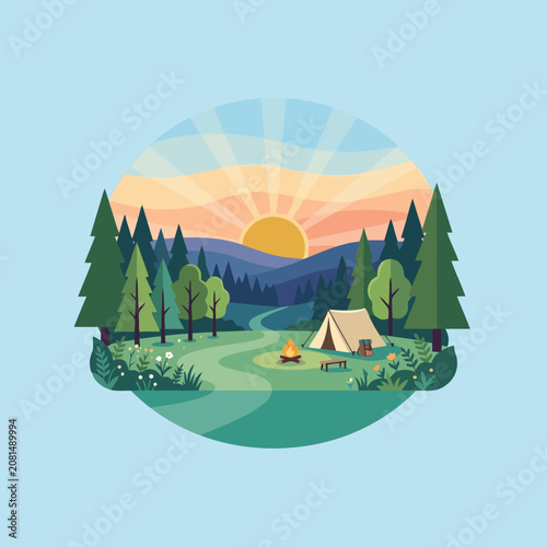 A peaceful camping site at sunset in the forest