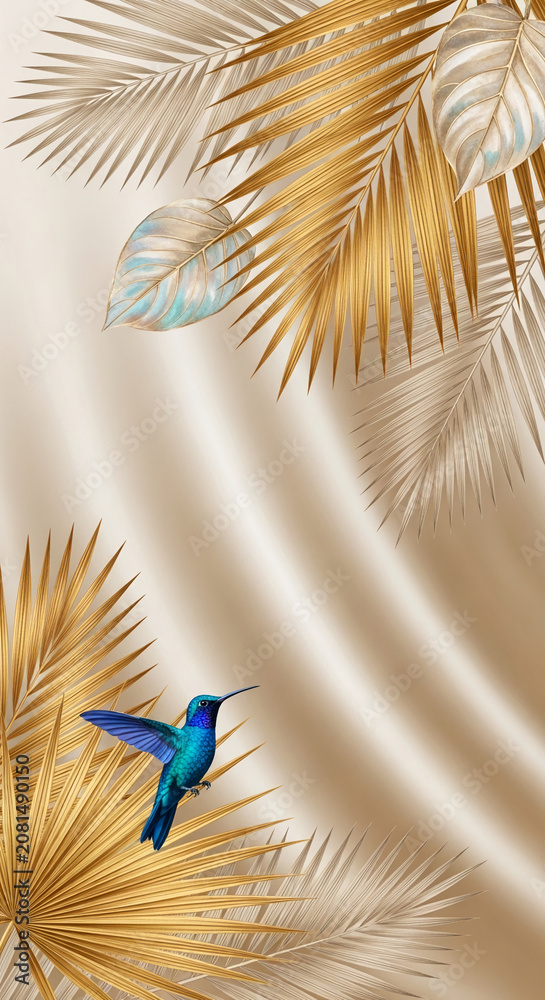 Fototapeta premium A vibrant blue hummingbird hovers amidst golden and muted tropical leaves on a soft, flowing beige background, symbolizing nature's beauty and elegance