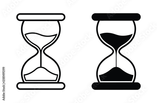 Hourglass icon set featuring time passage, countdown and deadline symbols in outline and silhouette vector styles.
