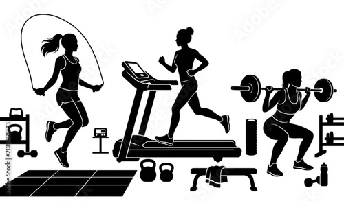 Tableau sur toile Women's Gym Workout Activities Black Silhouette Fitness Vector Illustration Set