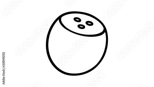 Fresh tropical coconut minimalist line vector icon, clean black outline illustration of sliced fruit with three holes, simple scalable symbol for beach, summer, food packaging, wellness and island