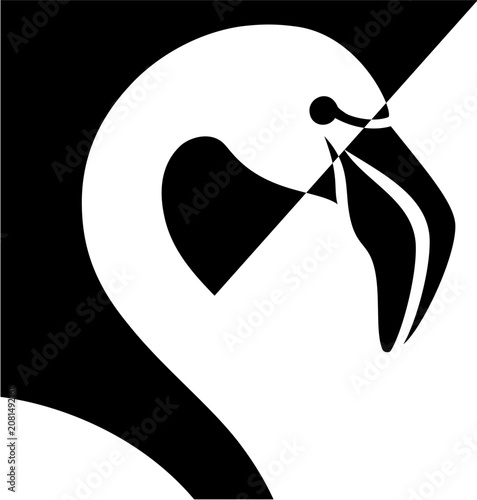 Bold abstract flamingo vector icon illustration with striking black and white shape, tropical bird silhouette, modern minimalist flat design for resort, nature, wildlife and summer branding