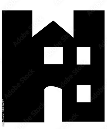 Bold minimalist hotel building vector icon illustration with simple roof and window shapes, clean flat silhouette for tropical resort booking, hospitality branding, travel apps, maps, and signage