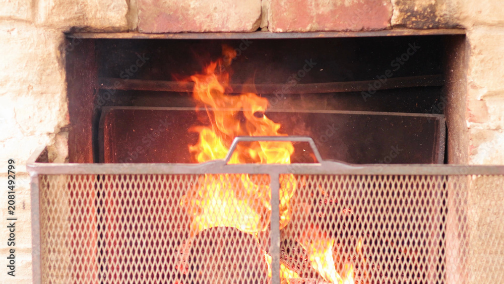 Obraz premium Close Up View of Fire Burning in a Rustic Brick Fireplace