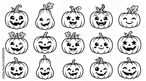 Black and white pumpkin collection hand drawn halloween jack o' lantern faces for seasonal designs