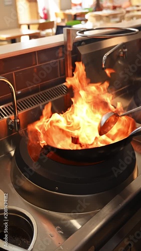 Asian restaurant kitchen. Chef stir-frying ingredients in a seasoned wok pan with fire flames. Cooking asian cuisine in a restaurant.  Cinematic b roll of frying meat in a wok pan.