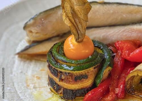 Italian Fish Fillet with Grilled Zucchini, Eggplant, Red Pepper and Physalis