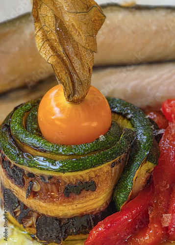 Italian Fish Fillet with Grilled Zucchini, Eggplant, Red Pepper and Physalis



