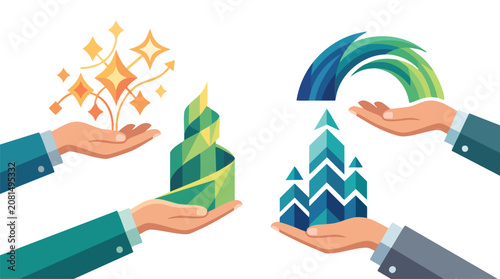 Business hands holding corporate growth and success symbols with business corporate strategy