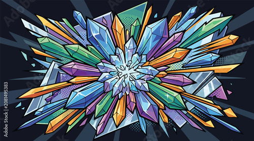 Abstract background featuring a cluster of colorful prismatic crystals bursting outward, abstract