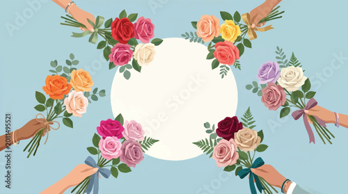 Hands holding various colorful rose bouquets surrounding a circular white copy space frame