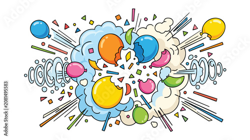 Cartoon style celebration balloon explosion with confetti and dynamic motion lines, explosion