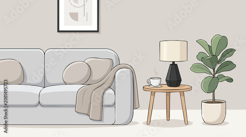 Cozy living room corner with sofa houseplant reading lamp interior furniture apartment cushions