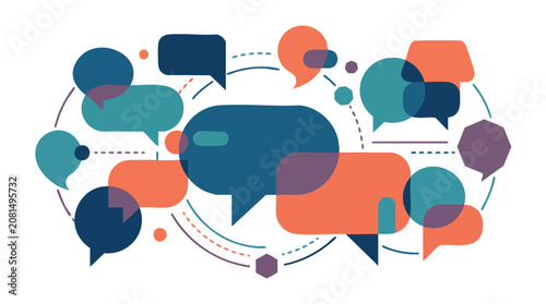Colorful speech bubbles and chat boxes connected by dotted lines representing communication network