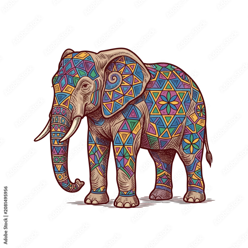 Obraz premium An intricately decorated elephant with colorful geometric patterns covering its body, standing against a white background.