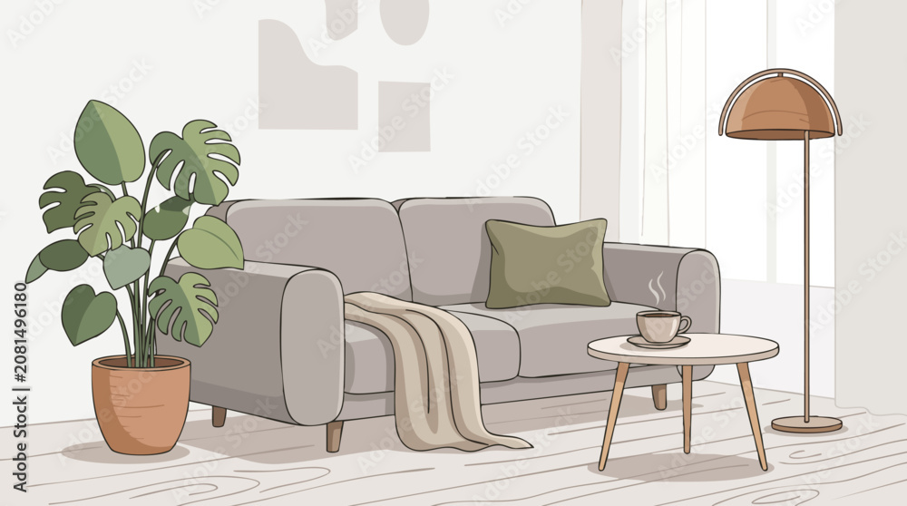 Fototapeta premium Cozy living room interior with neutral sofa houseplant and floor lamp coffee table cozy home