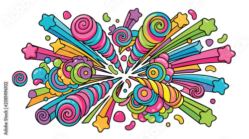 Abstract candy burst illustration with spirals and star radiance multi colored colorful explosion