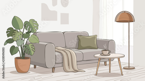 Cozy living room interior with neutral sofa houseplant and floor lamp coffee table cozy home