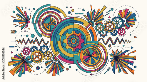 Abstract technical infographic with rotating gears circles and geometric data waveforms