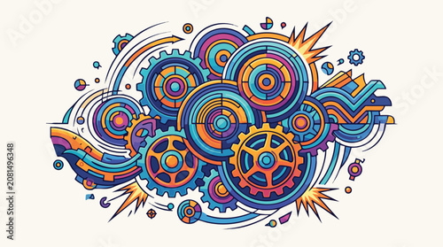Abstract mechanical gears and engineering cogwheel composition in colorful tech style