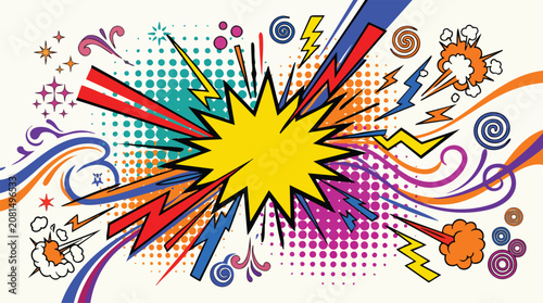 Comic book style explosion speech bubble background with halftone pattern and dynamic