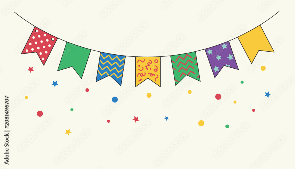 Obraz premium String of colorful festive bunting flags with various patterns and confetti for birthday party or celebration background.