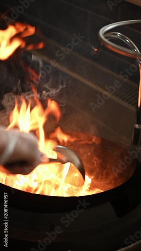  Chef stir-frying asian dish in a seasoned wok pan with fire flames. Cooking asian cuisine in a restaurant. Cinematic vertical video of frying meat in a wok pan in slow motion.