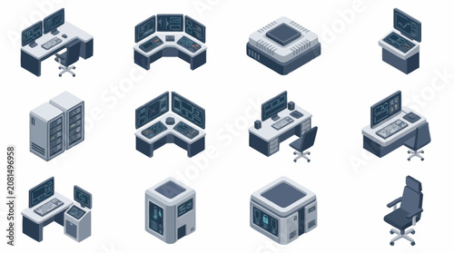 Foto Isometric office furniture and computer equipment set.