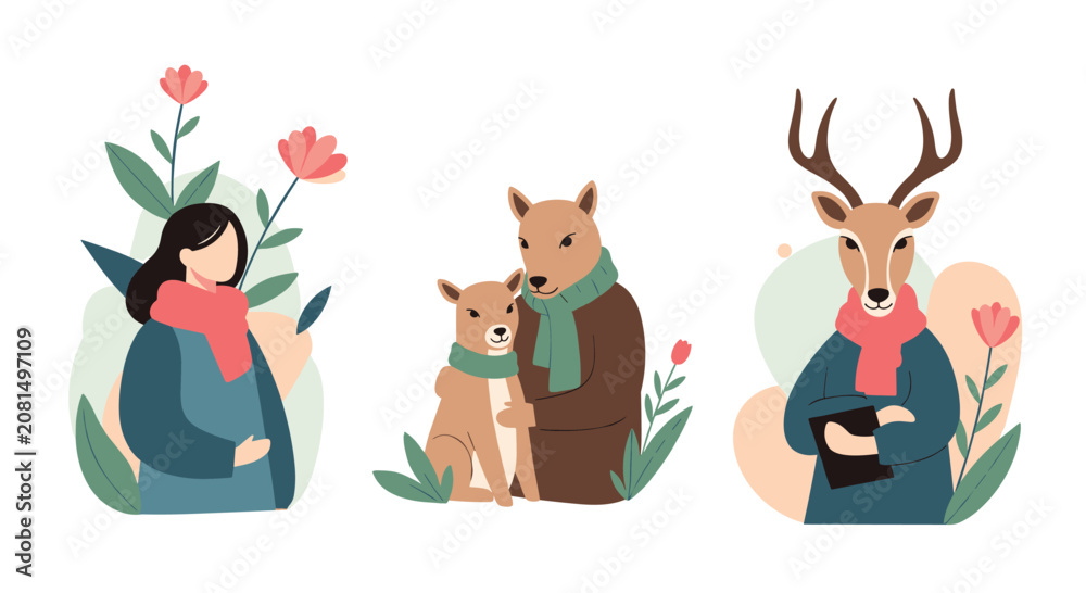 Naklejka premium Artistic illustration set featuring a woman in winter clothing, a deer mother with her fawn, and a stylish deer person holding a tablet.