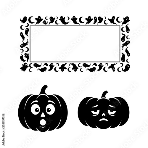 Halloween decorations vector set ghost frame surprised and sad jack o' lantern faces for spooky seasonal designs