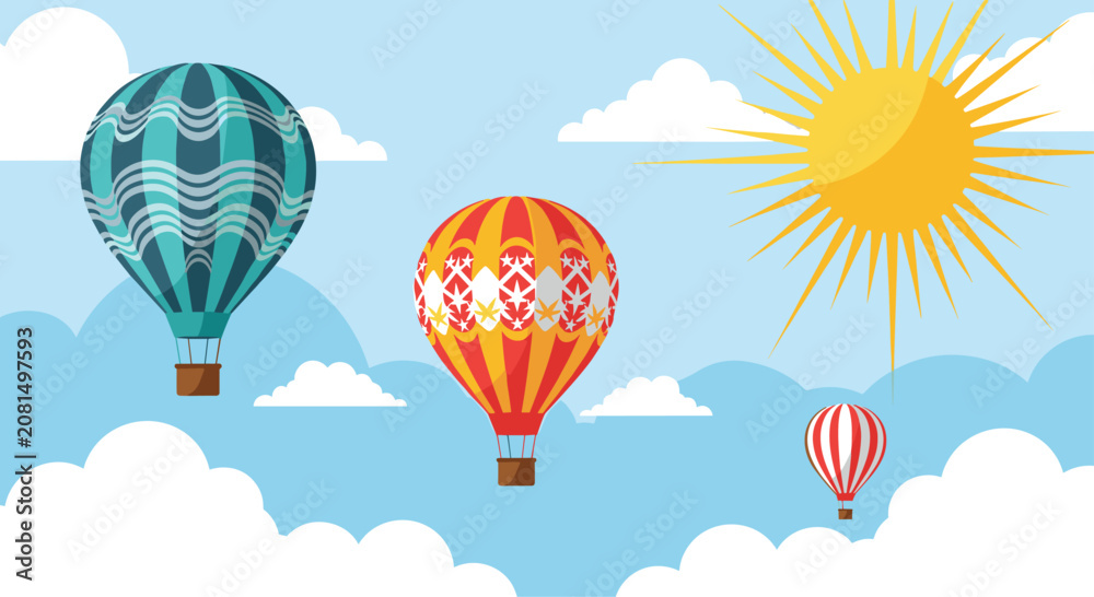 Fototapeta premium Vibrant hot air balloons fly in a bright blue sky with white clouds and a large yellow sun, symbolizing freedom and adventure.