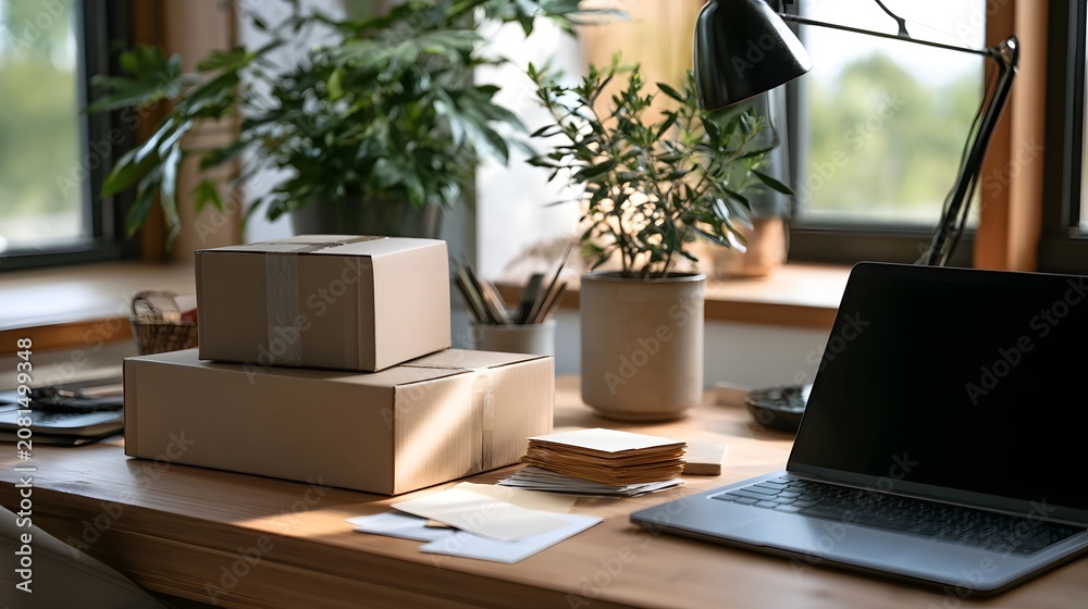 Fototapeta premium Empty boxes and blank labels arranged on a rustic wooden desk representing e commerce packaging and small business supplies