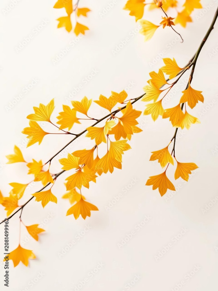 Fototapeta premium Delicate golden ginkgo leaves dance across a crisp white background, creating a mesmerizing pattern, nature, fall