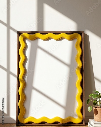 Blank chunky wavy yellow frame mockup leaning on wooden floor with window shadows