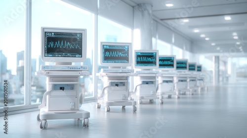 A row of advanced medical monitors on mobile carts stands in a bright, modern hospital hallway. The displays show heart rate and vital sign graphs.