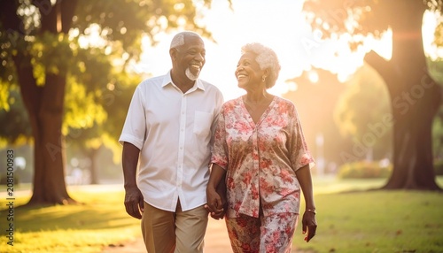 Elderly African American couple enjoying a leisurely walk in the park.