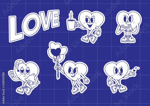 Cute groovy heart shaped character collection in various poses and scenes. Vector illustration for sticker pack design, messaging app emojis, kids stationery set